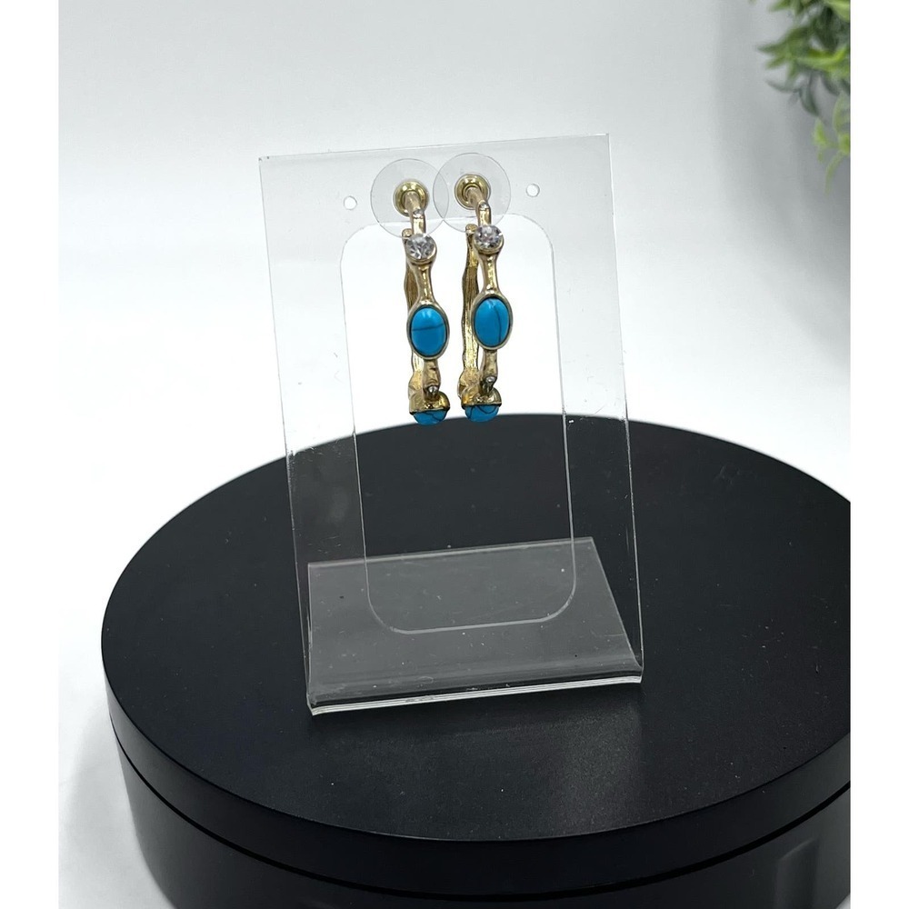 Graziano Gold‎ Tone and Blue Cabochon Pierced Hoop Earrings
